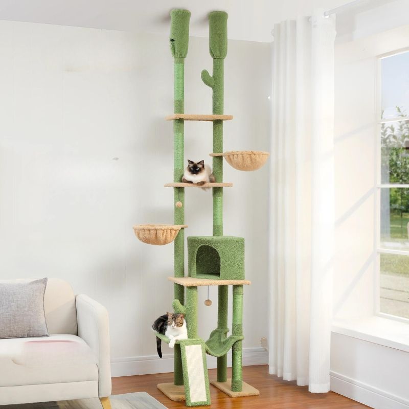 Arbre à chat extérieur avec chats installés confortablement