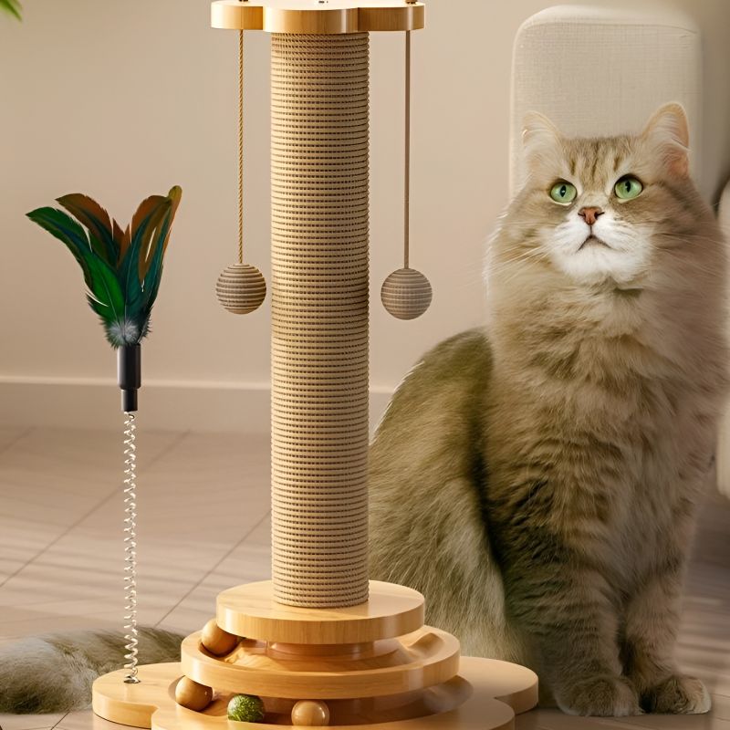 tour griffoir avec un chat à côté